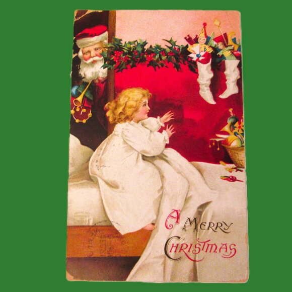 Antique December 8 of 1908 A Merry Christmas postcard of Santa surprising & toys - Picture 1 of 3